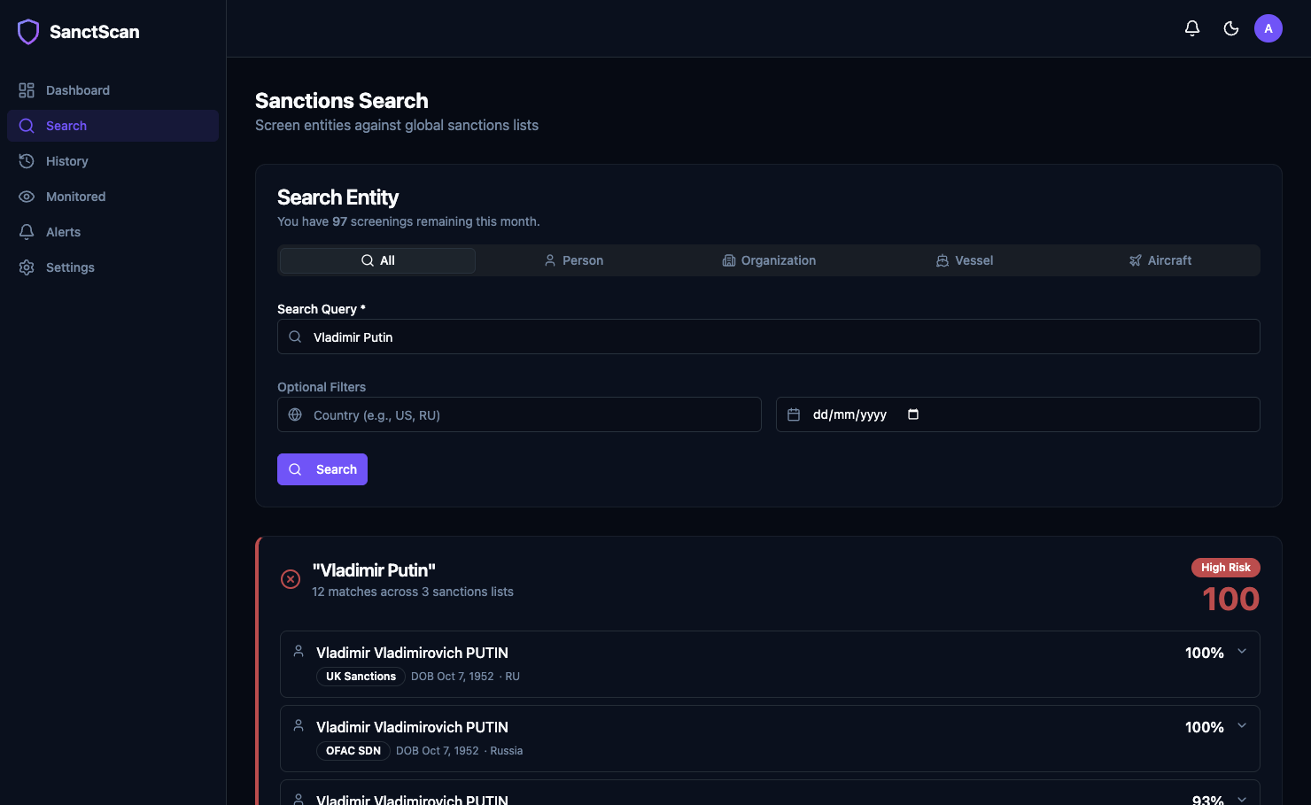 SanctScan dashboard showing sanctions screening results with risk scores
